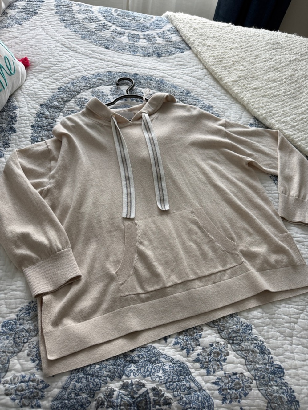The White Company Beige Knit Hoodie with Striped Drawstrings